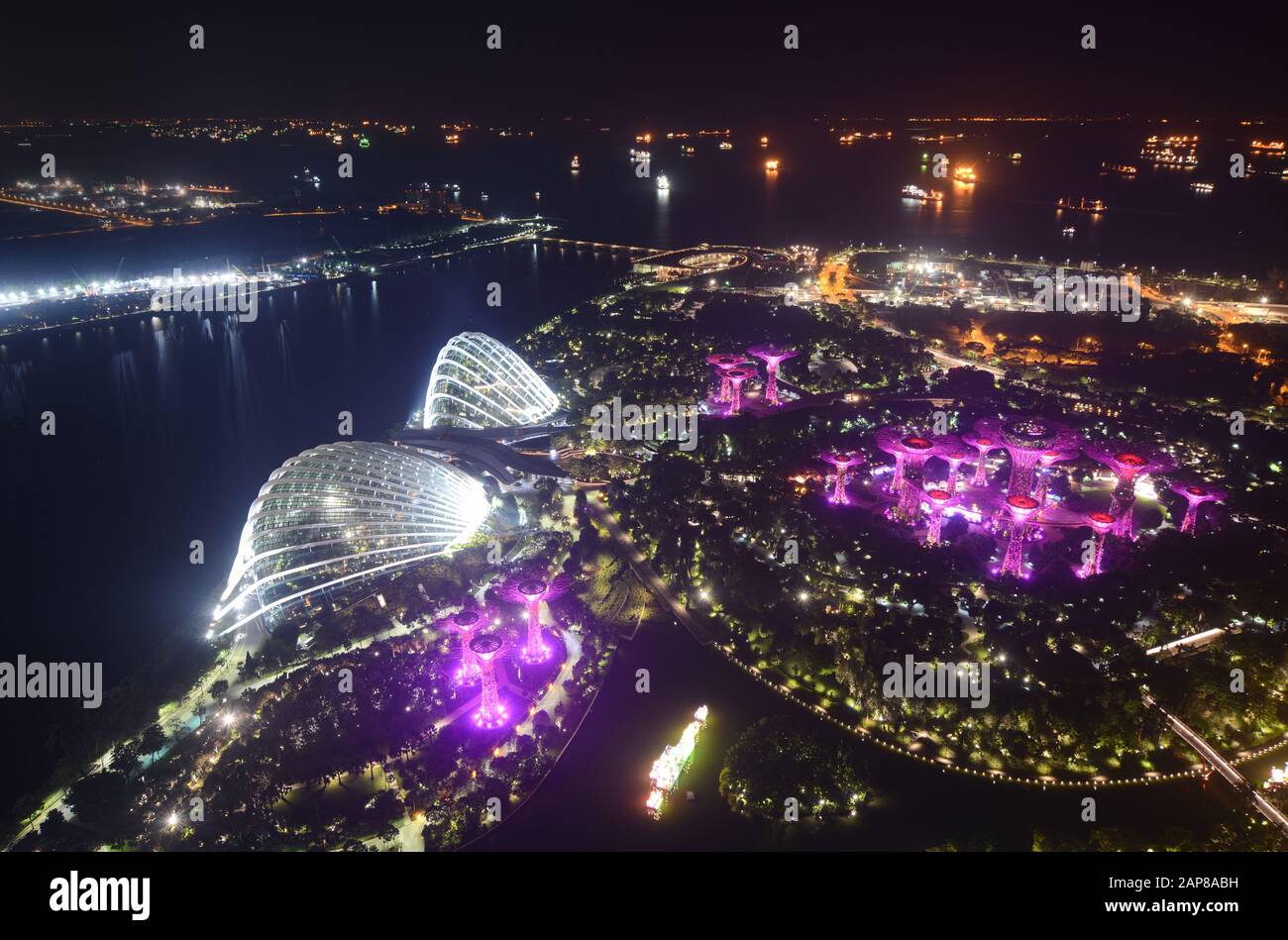 Singapore - September 14, 2018: Gardens by the Bay aerial view at night from the Sands SkyPark Observation Deck Stock Photo