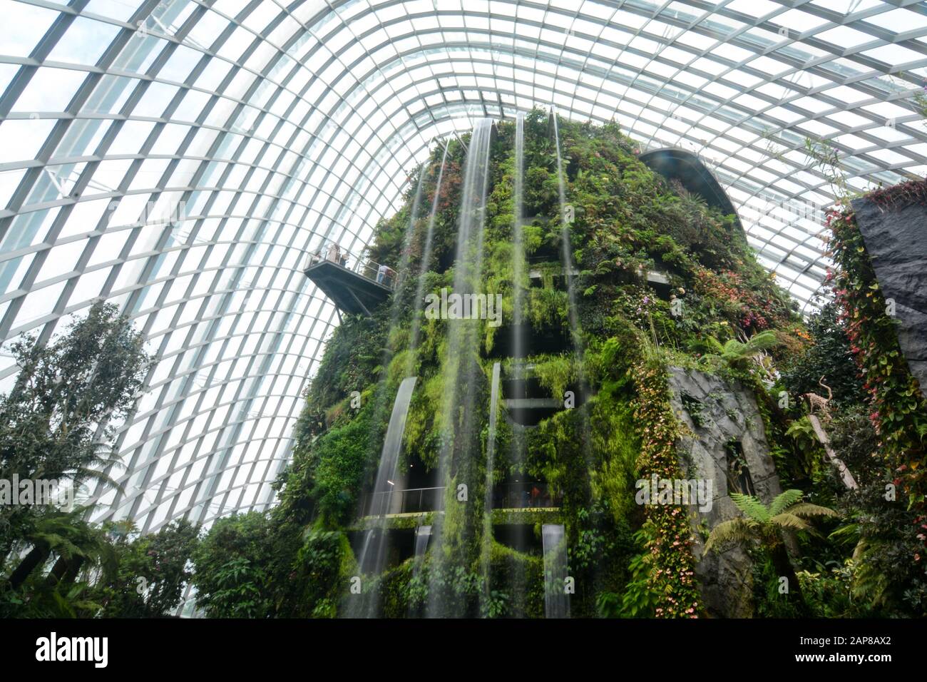 Singapore - September 8, 2018: Huge artificial waterfall in the Cloud Forest at Gardens by the Bay Stock Photo