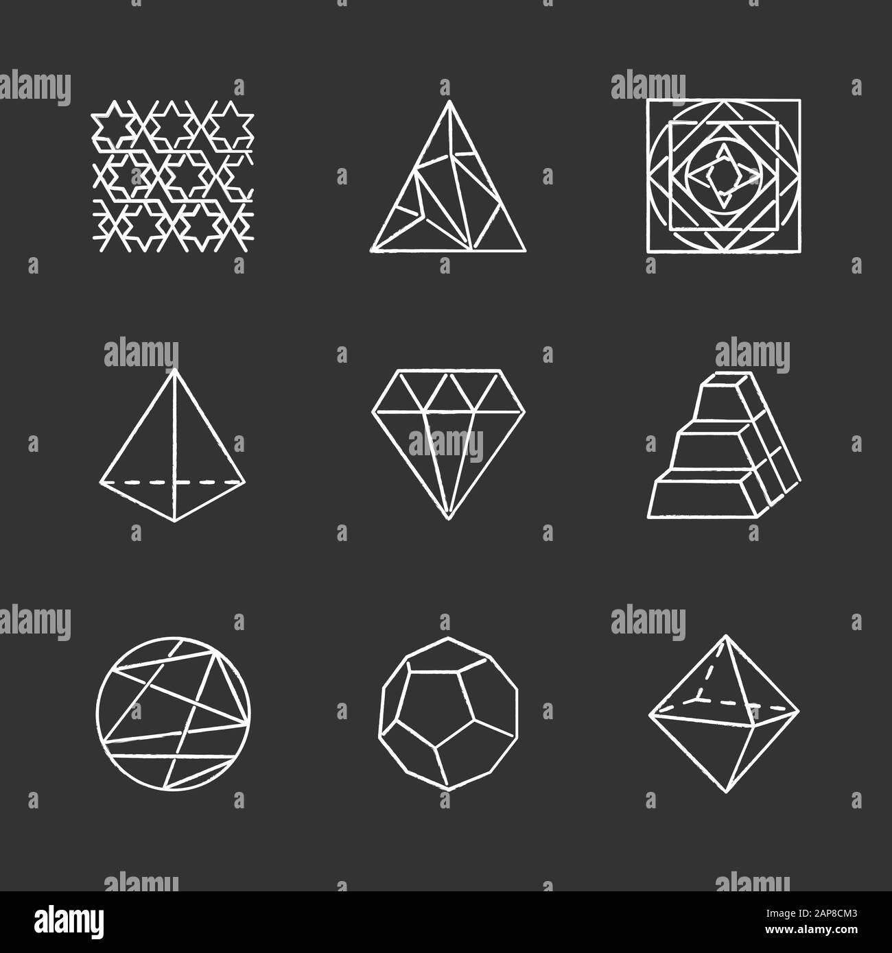 Geometric figures chalk icons set. Abstract shapes. Isometric