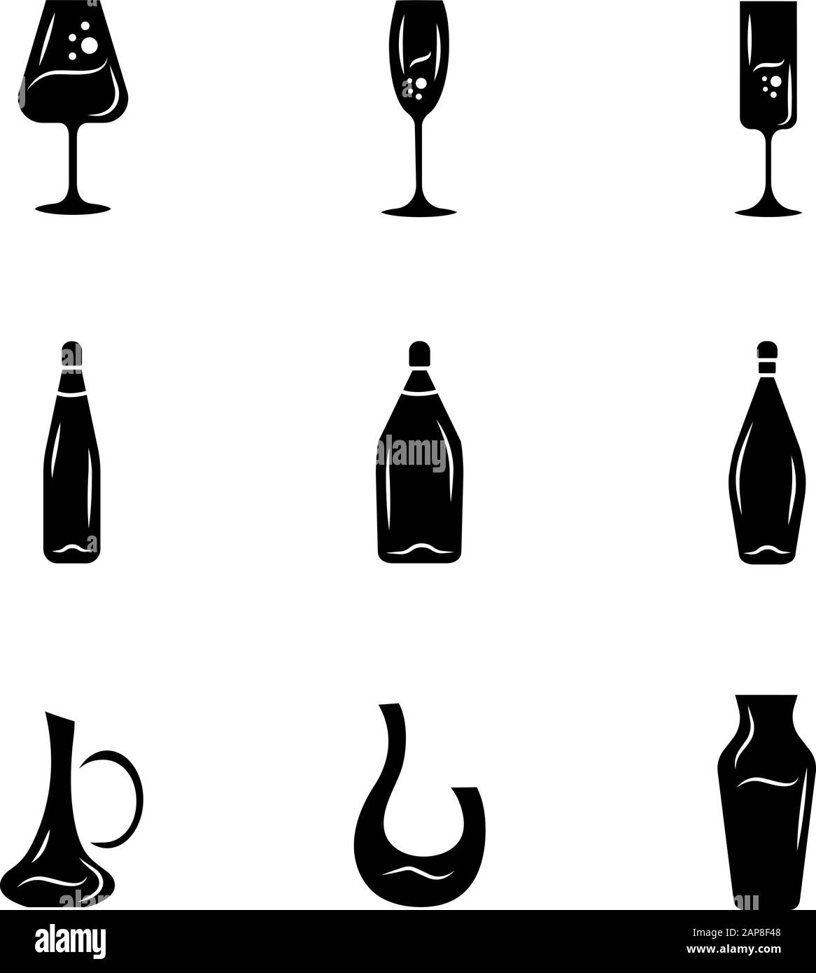Winery glassware glyph icons set. Different types of wine. Decanters, bottles, glasses. Aperitif drinks, cocktails, alcohol beverages. Silhouette symb Stock Vector