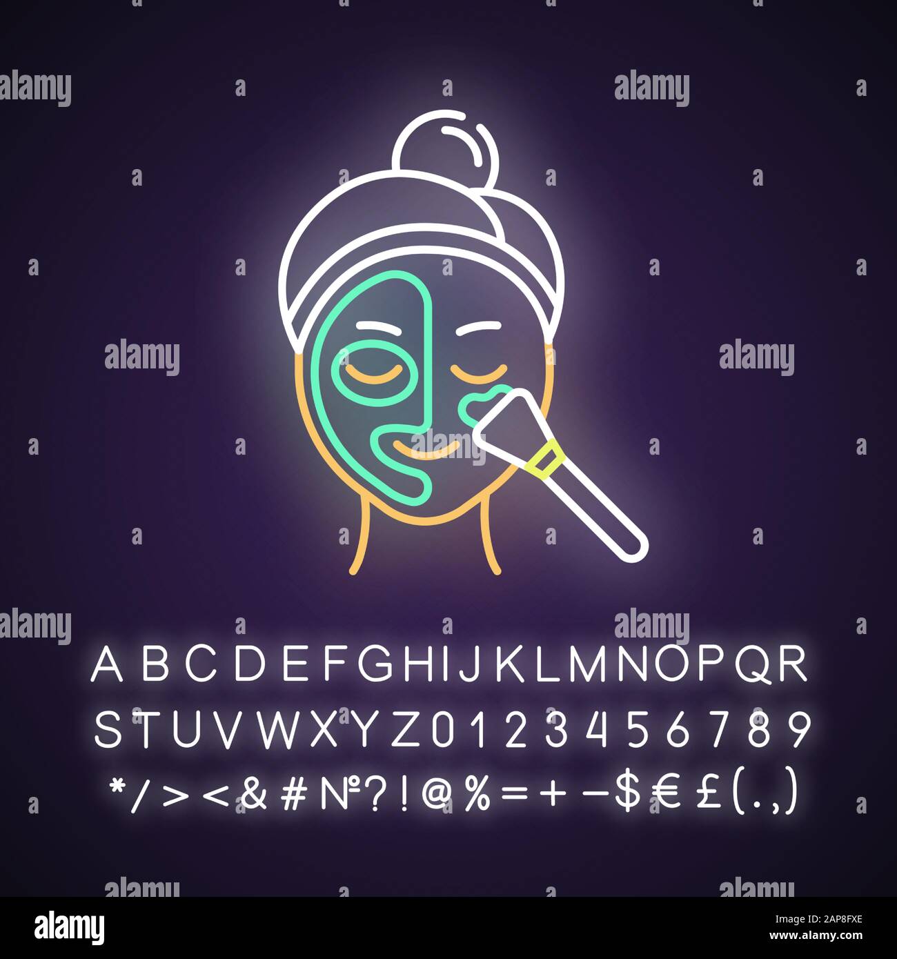 Applying thermal mask neon light icon. Skin care procedure. Face product for cleansing. Dermatology, cosmetics, makeup. Glowing sign with alphabet, nu Stock Vector