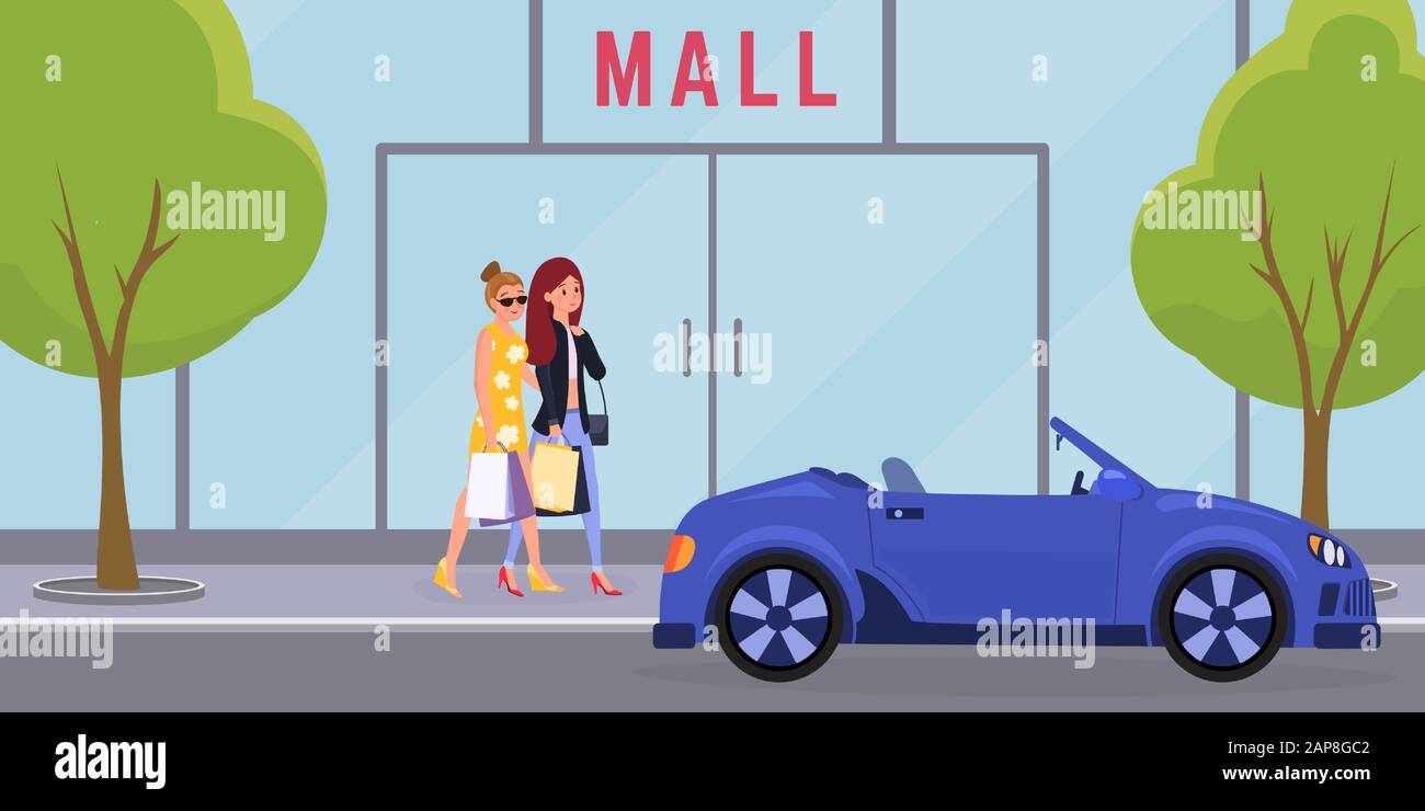 Women going to mall vector illustration. Elegant girls, sisters enjoying shopping together cartoon characters. Favorite female pastime concept, weekend leisure idea, shopaholics hobby Stock Vector