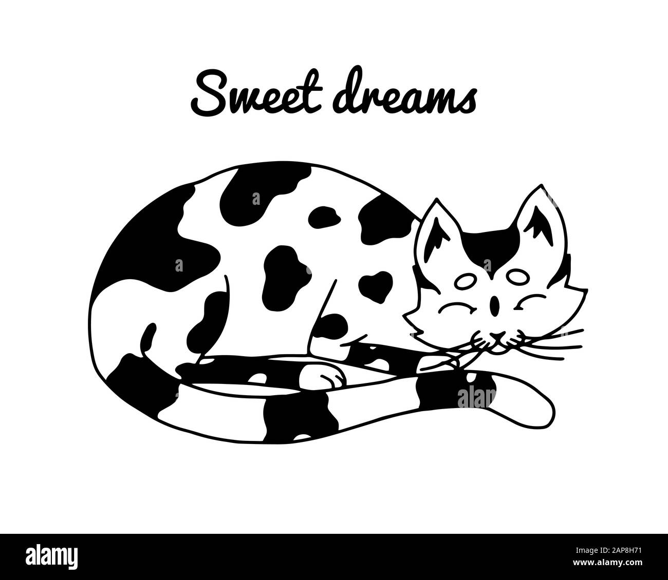 Sleeping cat. Sweet dreams. Lovely pet. Hand drawn engraved sketch for logo or label or banner or t-shirt. Vector illustration in outline vintage Stock Vector