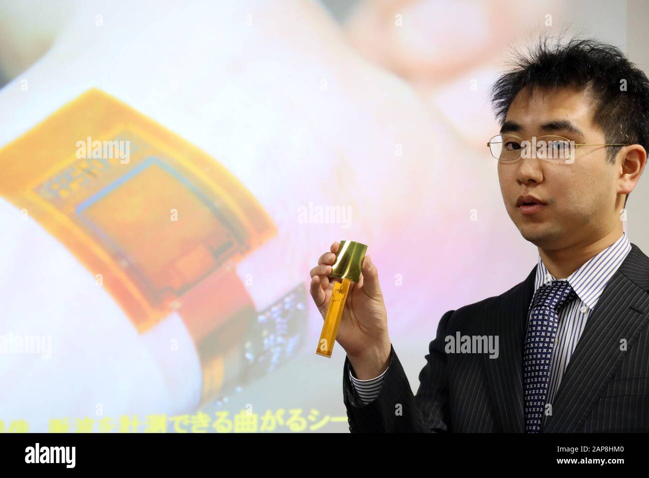 January 17 Tokyo Japan Tokyo University Associate Professor Tomoyuki Yokota Displays A Sheet Type Image Sensor Placed In Direct Contact With User Which Enables To Monitor User S Fingerprint Pulse Wave