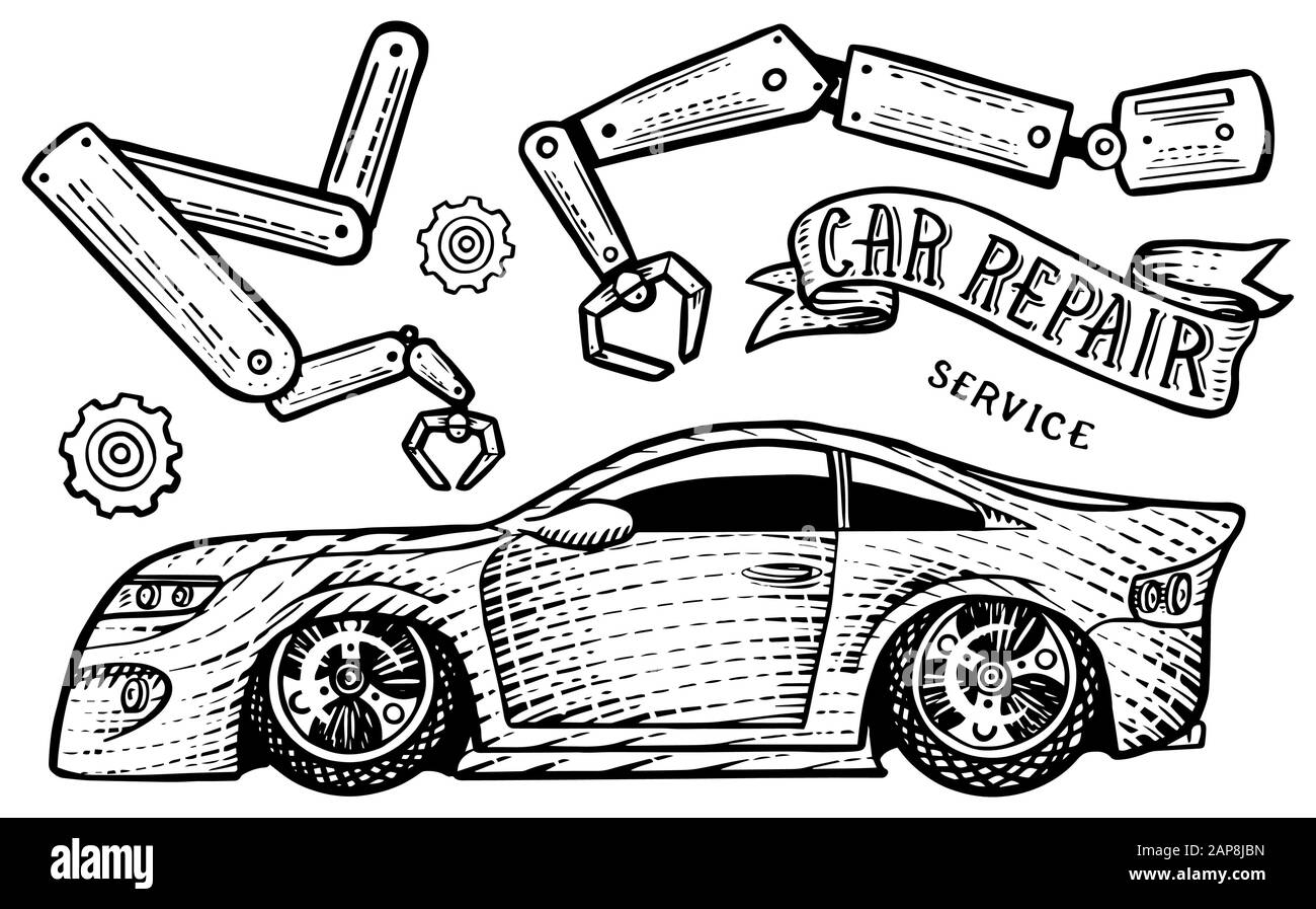 Car with a ribbon and the inscription Repair. Tools for transport service, wrench and instruments. Hand drawn engraved sketch for logo or label or Stock Vector