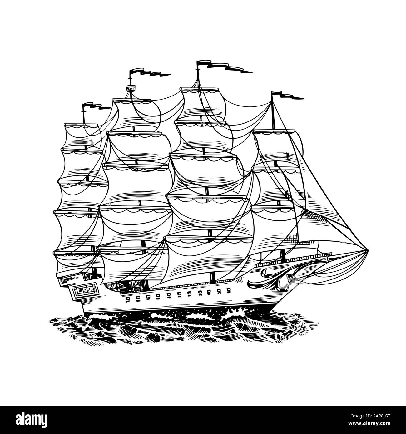 Sailboat in the sea, summer adventure, active vacation. Seagoing vessel, marine ship or nautical caravel. Water transport in the ocean for sailor and Stock Vector