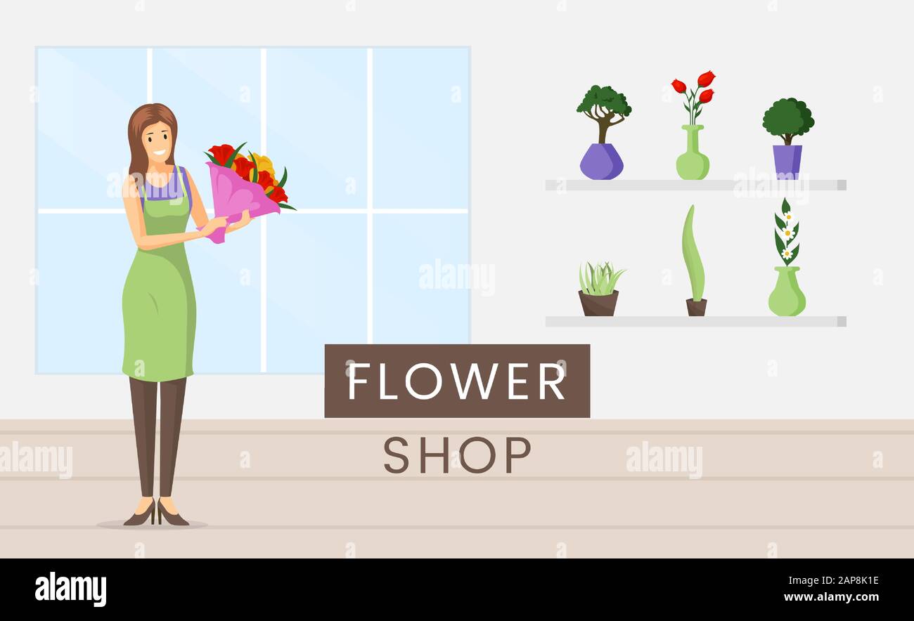 Flower shop flat banner vector template. Saleswoman occupation, natural decorative house plants retail business advertising poster concept. Cheerful florist holding bouquet illustration with typography Stock Vector