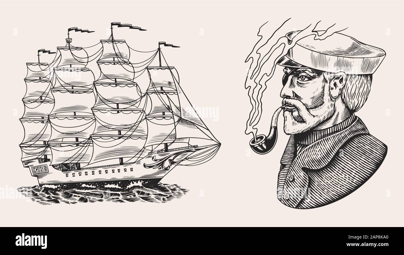 Nautical sailing ship in the sea. Captain or sailor with pipe. Seaman