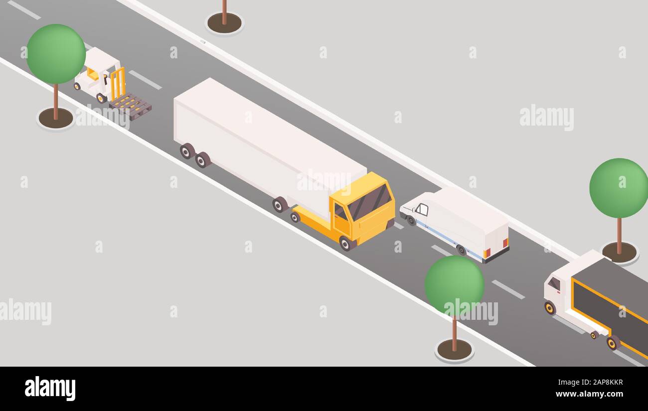 Trucks and vans on highway isometric illustration. 3d cargo vehicles, transportation means, road traffic concept. Postal service delivery, logistic company international parcels shipping Stock Vector