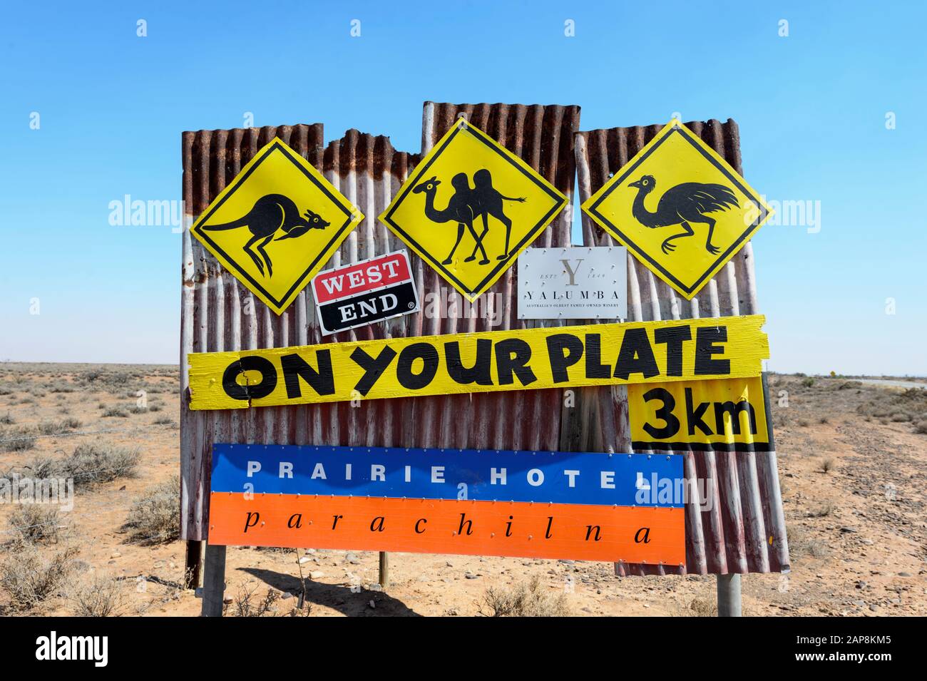 Advertisement for Prairie Hotel menu serving meal, emu and kangaroo meat dishes, Parachilna, South Australia, Australia Stock Photo
