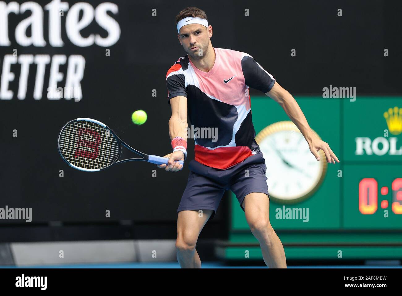 Melbourne, Australia. 22nd Jan, 2019. Grigor Dimitrov of Bulgaria plays a forehand during the round match against Tommy Paul of USA during the second round match at the ATP Australian Open