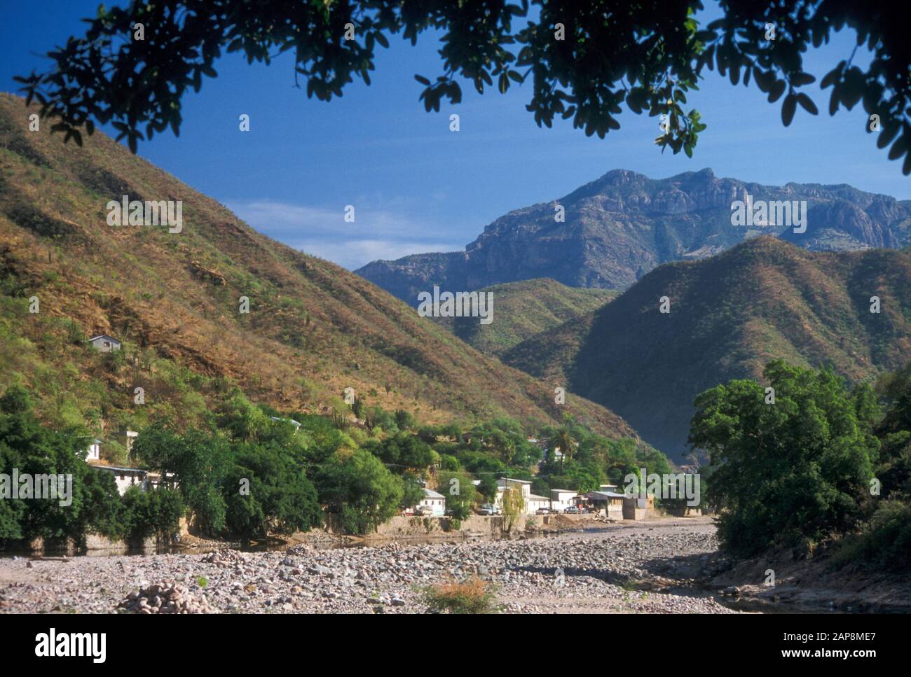 Batopilas village lies at the bottom of the Barranca del Batopilas (canyon) in Chihuahua State, northwestern Mexico Stock Photo