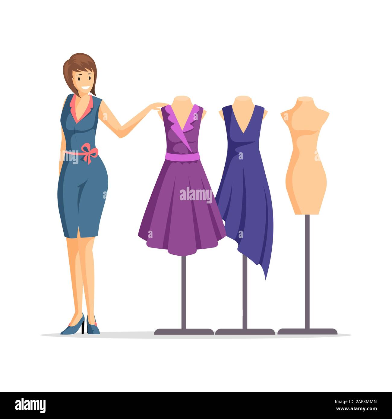 Female fashion designer flat vector illustration. Cheerful dressmaker,  clothing seller, model cartoon character. Apparel designer and mannequins  with dresses isolated on white background Stock Vector Image & Art - Alamy