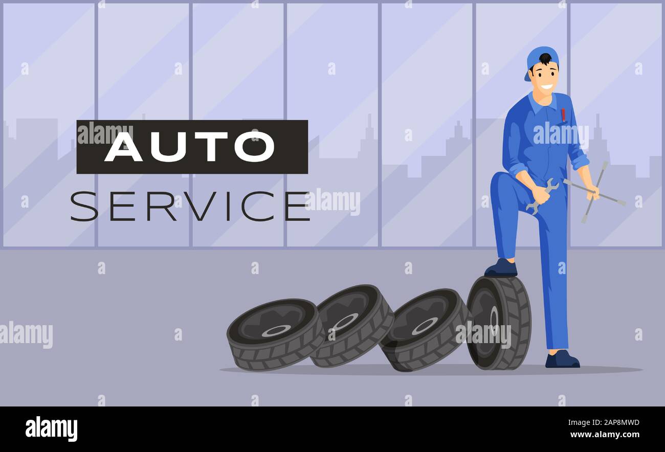 Auto service flat banner vector template. Car repair workshop, professional automobile maintenance advertising poster concept. Young mechanic, handyman in coverall illustration with typography Stock Vector