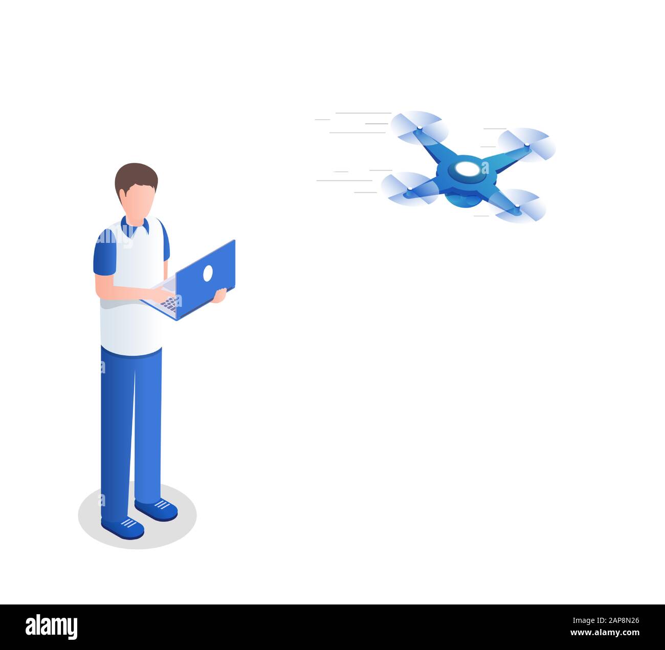Guy controlling quadrocopter isometric vector illustration. Young man with laptop using unmanned aircraft cartoon character. Delivery service innovation, wireless technology, drone racing preparation Stock Vector