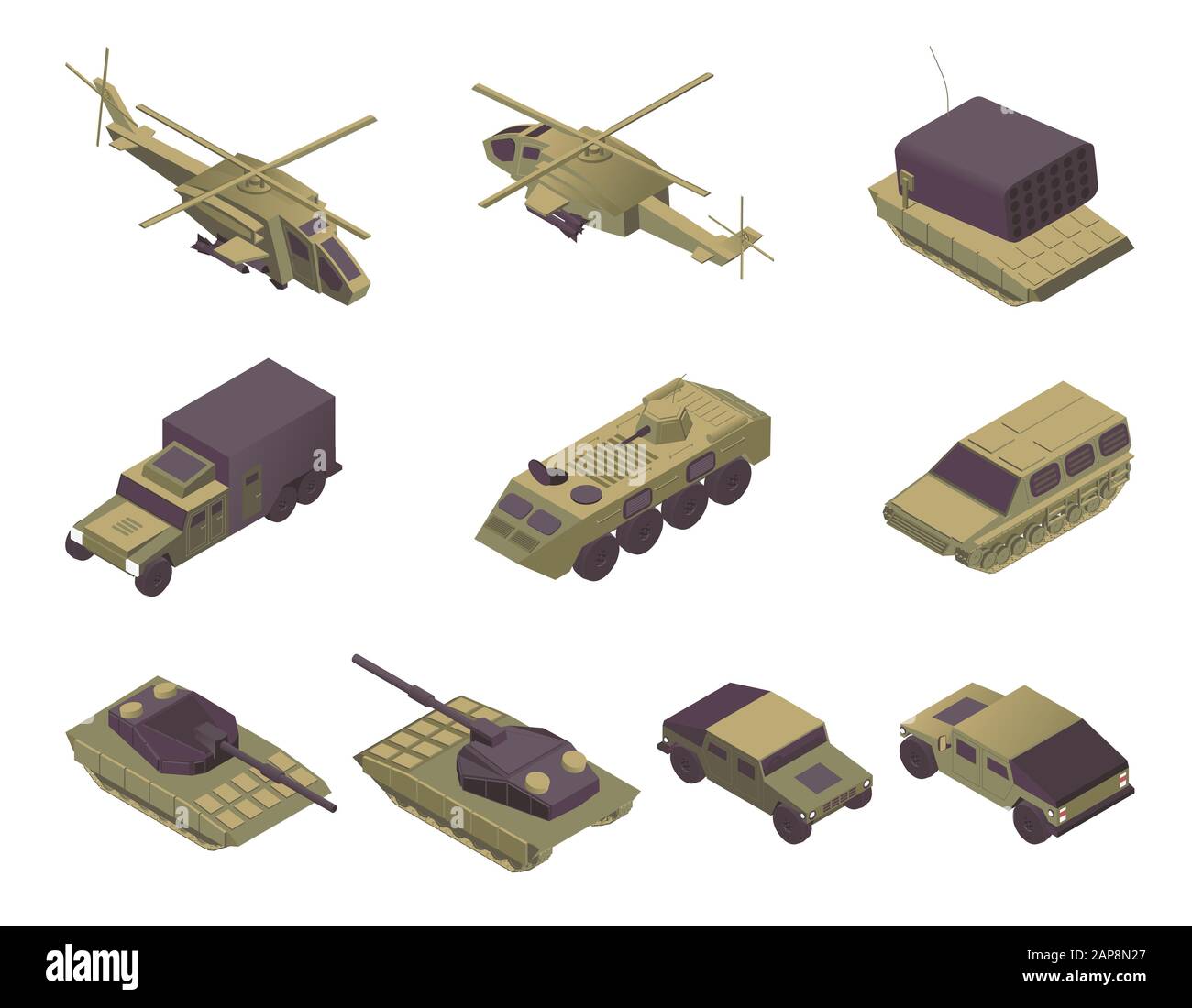 Military vehicles isometric vector illustrations set. Modern army transport, armored aircrafts, personal carriers and heavy machinery. Helicopters, APC, rocket missile launcher, truck and tanks Stock Vector
