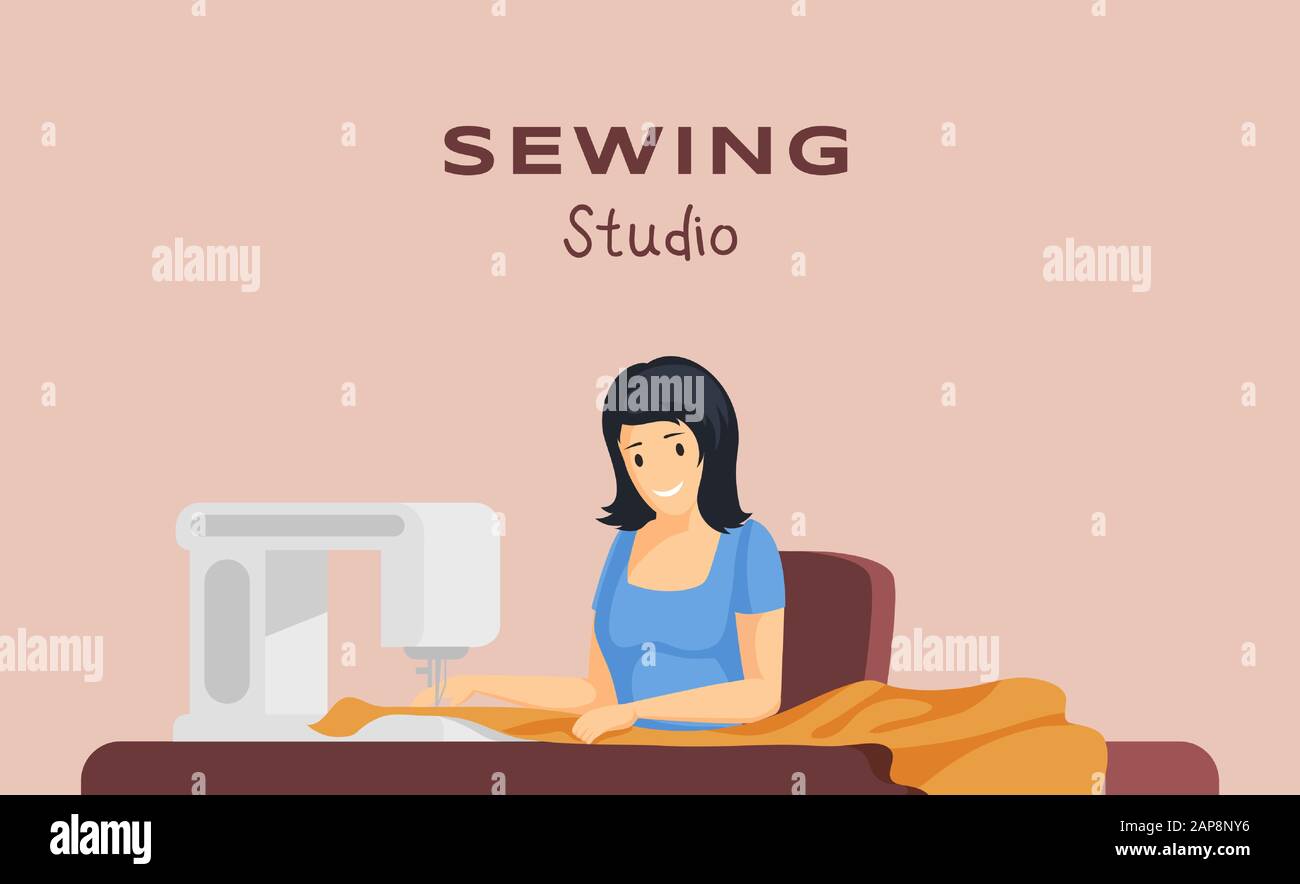 Sewing studio flat banner vector template. Bespoke tailoring service, dressmaking business, atelier advertising poster concept. Seamstress working with sewing machine illustration with typography Stock Vector
