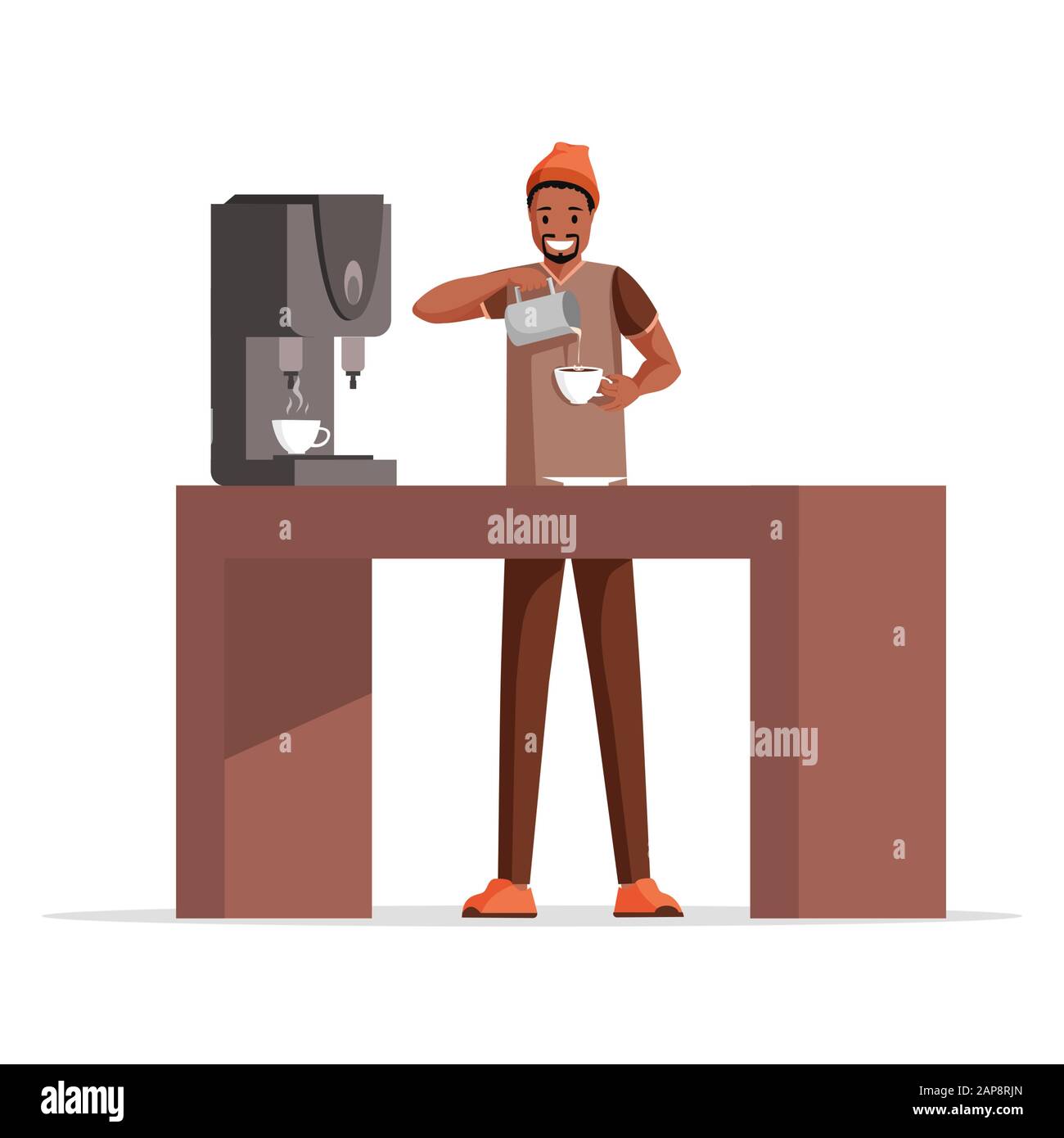 Guy making coffee flat vector illustration. Smiling cafe worker