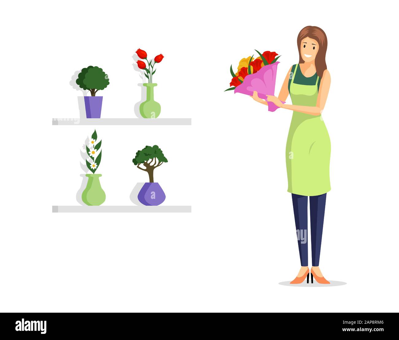 Flower shop employee flat vector illustration. Young florist in apron holding beautiful bouquet cartoon character. Natural flowers, decorative home plants retail service, floristry design element Stock Vector