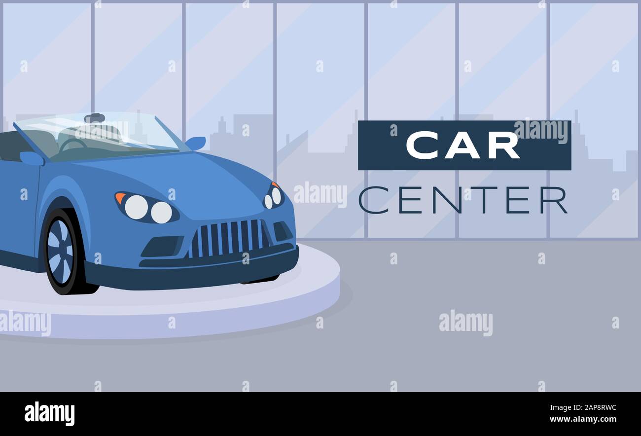 Car center flat banner vector template. Professional transport maintenance, vehicle dealership service promotional poster design. Blue cabriolet on podium illustration with typography Stock Vector