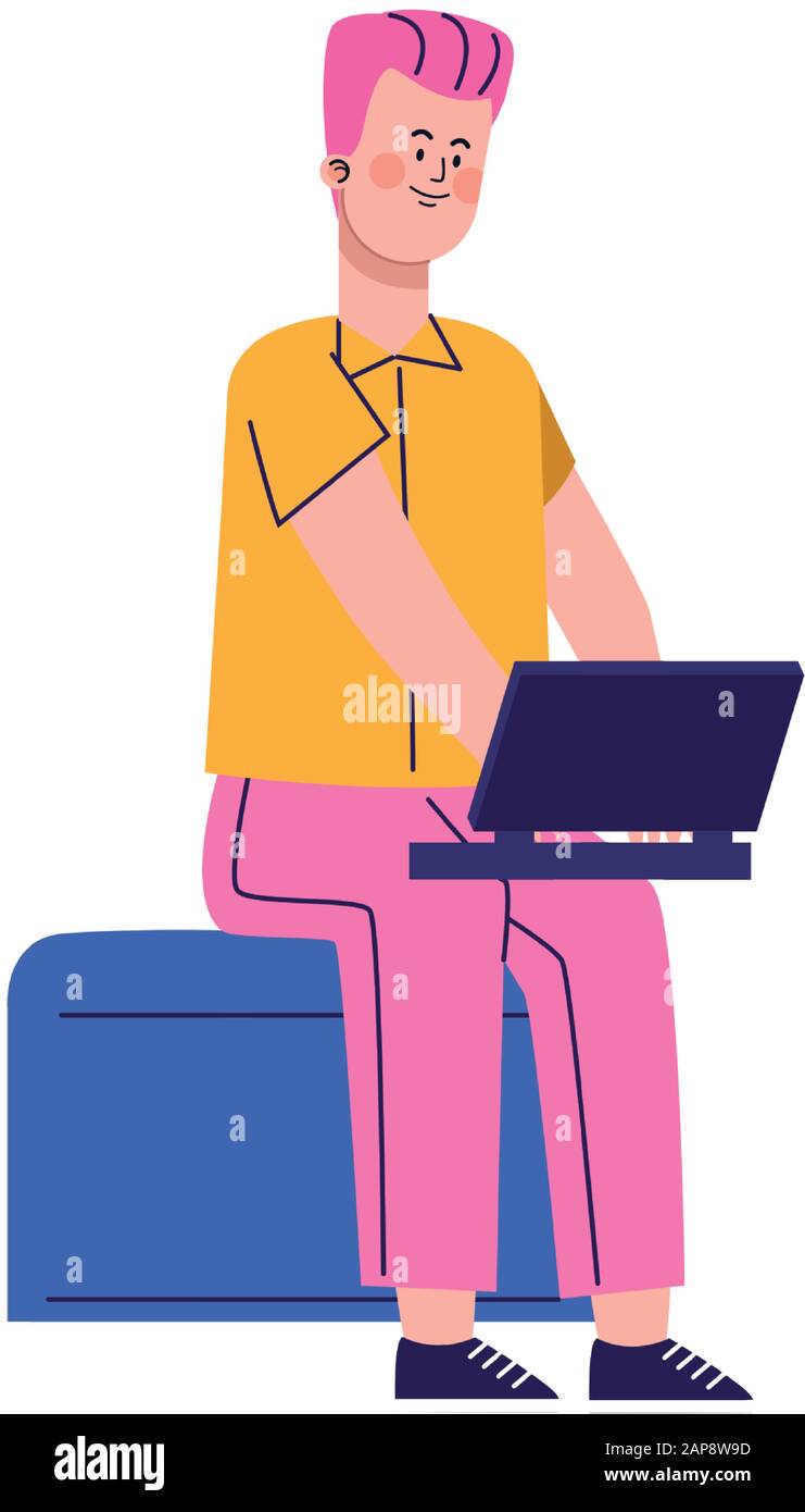 cartoon man sitting using a laptop computer Stock Vector Image & Art ...