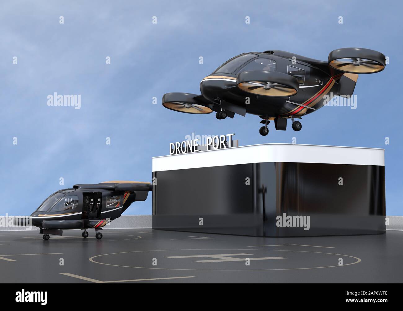 Black flying car (air taxi) takeoff from or land to Drone Port. 3D rendering image. Stock Photo