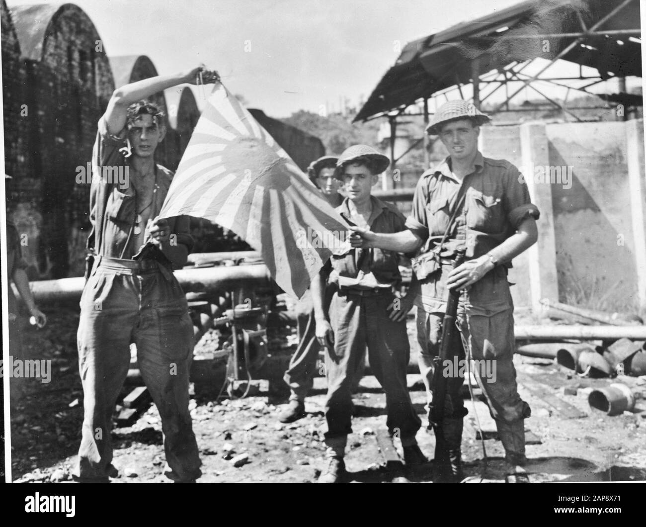 British Soldiers With A Conquered Japanese Flag Annotation Repronegative Date 1945 Keywords Army World War Ii Stock Photo Alamy