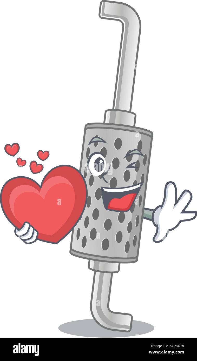 Funny Face exhaust pipe cartoon character holding a heart Stock Vector