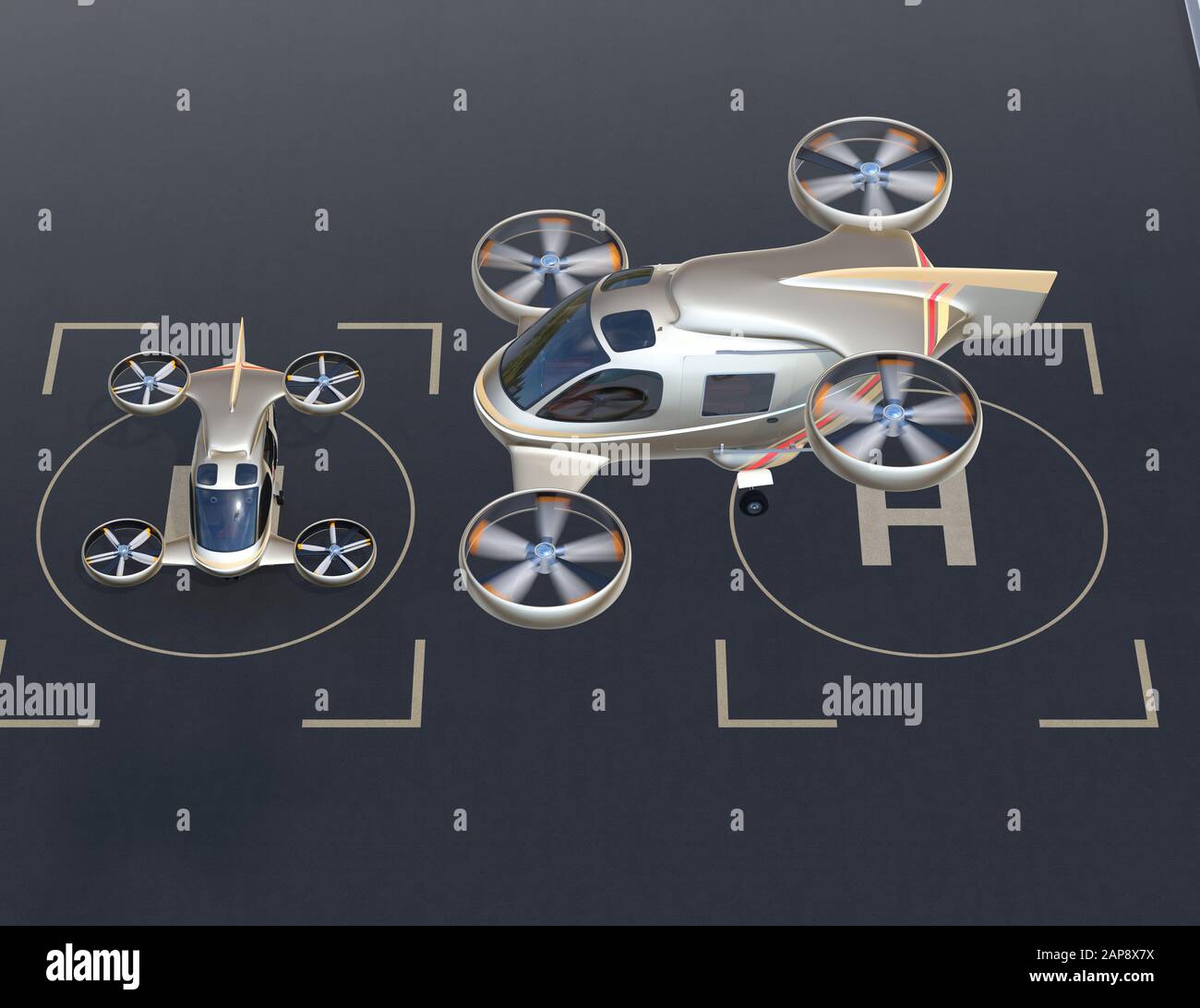 Flying car (air taxi) takeoff from or land to drone Port. 3D rendering image. Stock Photo
