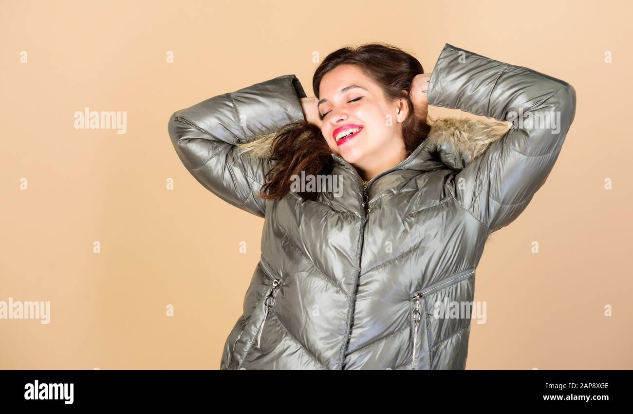 Enjoying her outfit. Pretty girl wear fashion outfit for cold weather. Be  stylish this winter. Emotional woman in jacket. Winter outfit. Playful  fashionista. Black friday. Confidence and femininity Stock Photo - Alamy