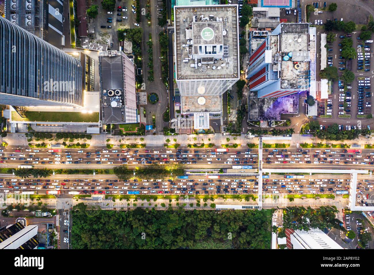 Top down view of a traffic jam in the heart of Jakarta downtown district in Indonesia capital city Stock Photo
