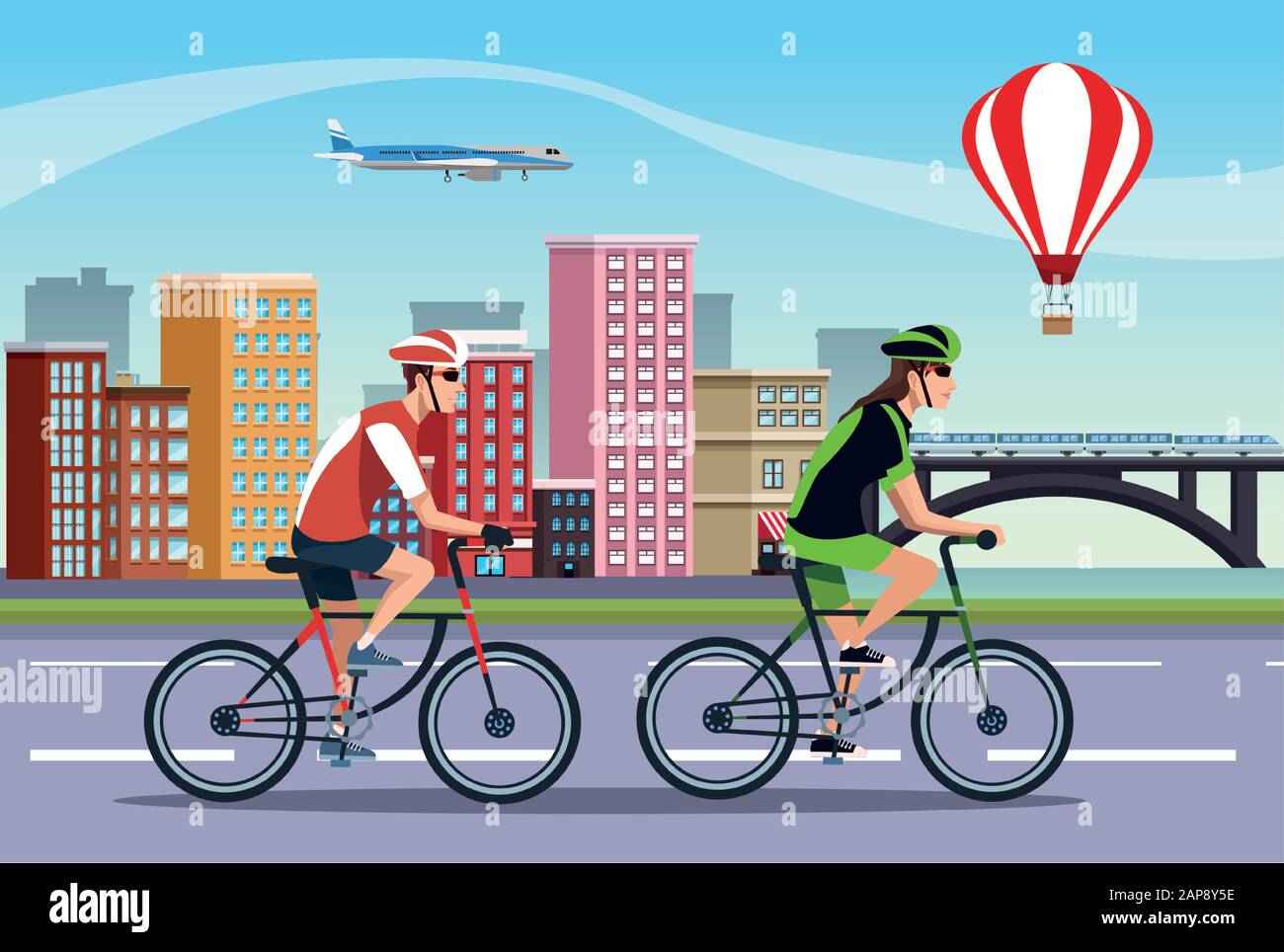 couple athletes in bicycle characters Stock Vector