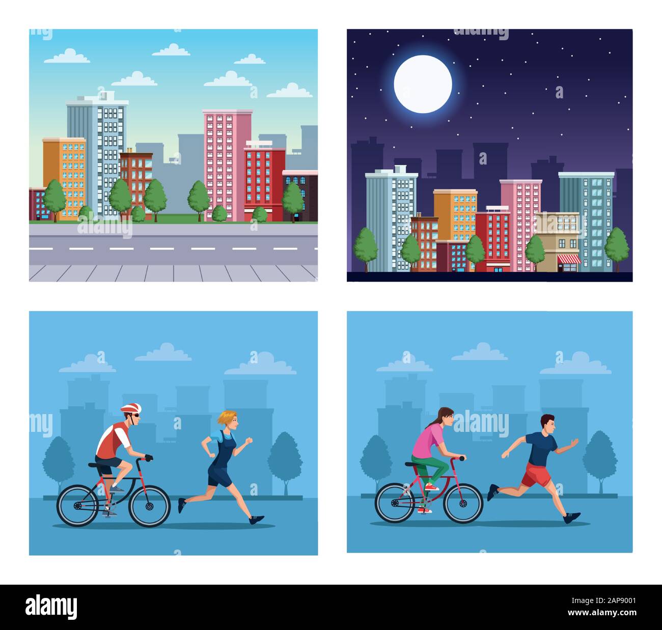 group of people practicing exercise on the city scenes Stock Vector ...