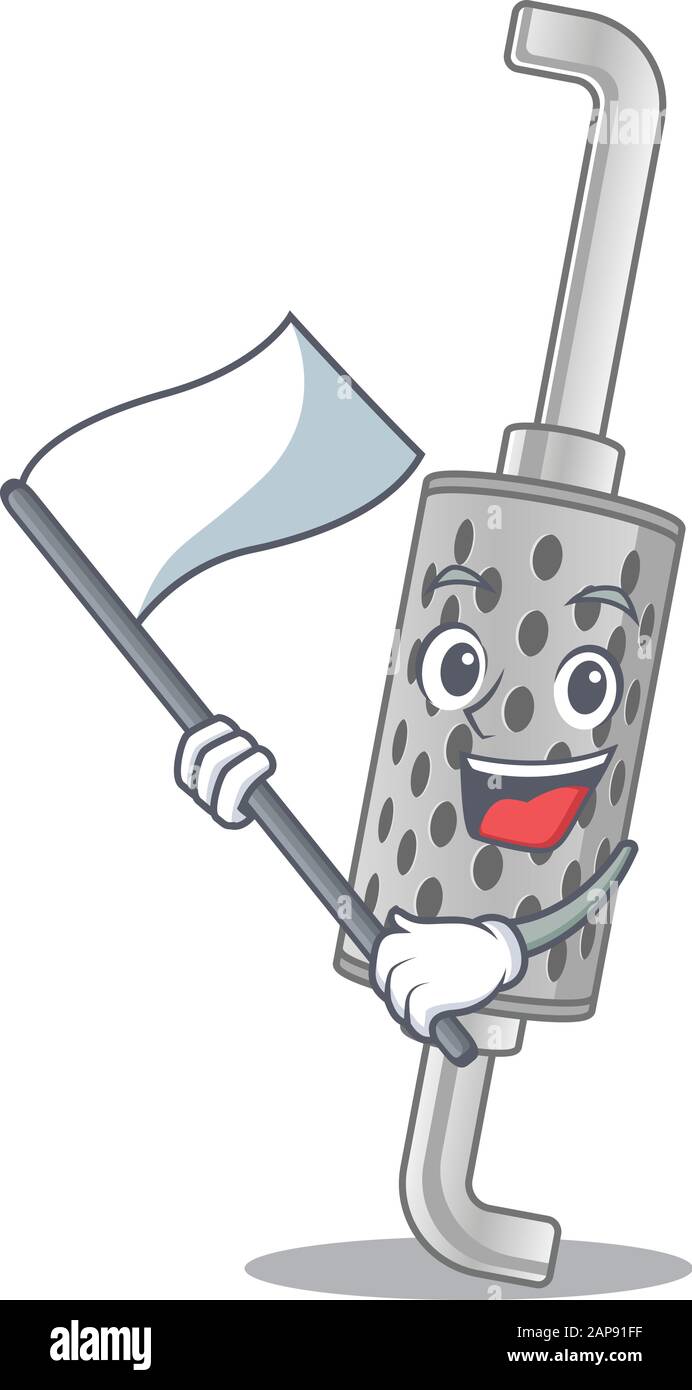 Funny exhaust pipe cartoon character style holding a standing flag