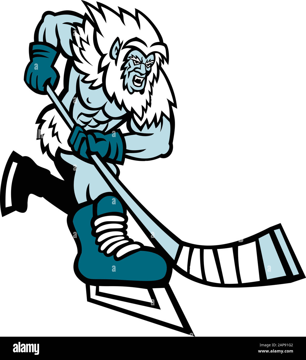 Mascot icon illustration of an aggressive Yeti or Abominable Snowman, a folkloric ape-like creature, with hockey stick playing ice hockey viewed from Stock Vector