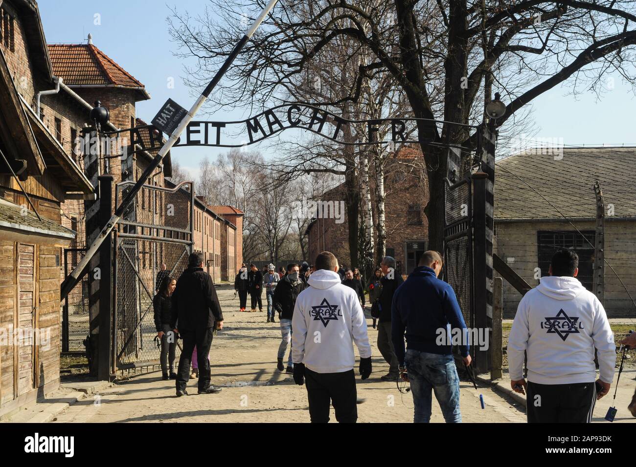 16.03.2015, Auschwitz, Poland, Europe - Entry gate to the former concentration camp Auschwitz I (main camp) with its slogan Arbeit macht frei. Stock Photo