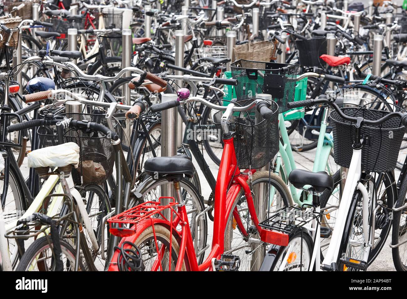 Downtown urban parking lot for bikes in Copenhague. Eco transport Stock