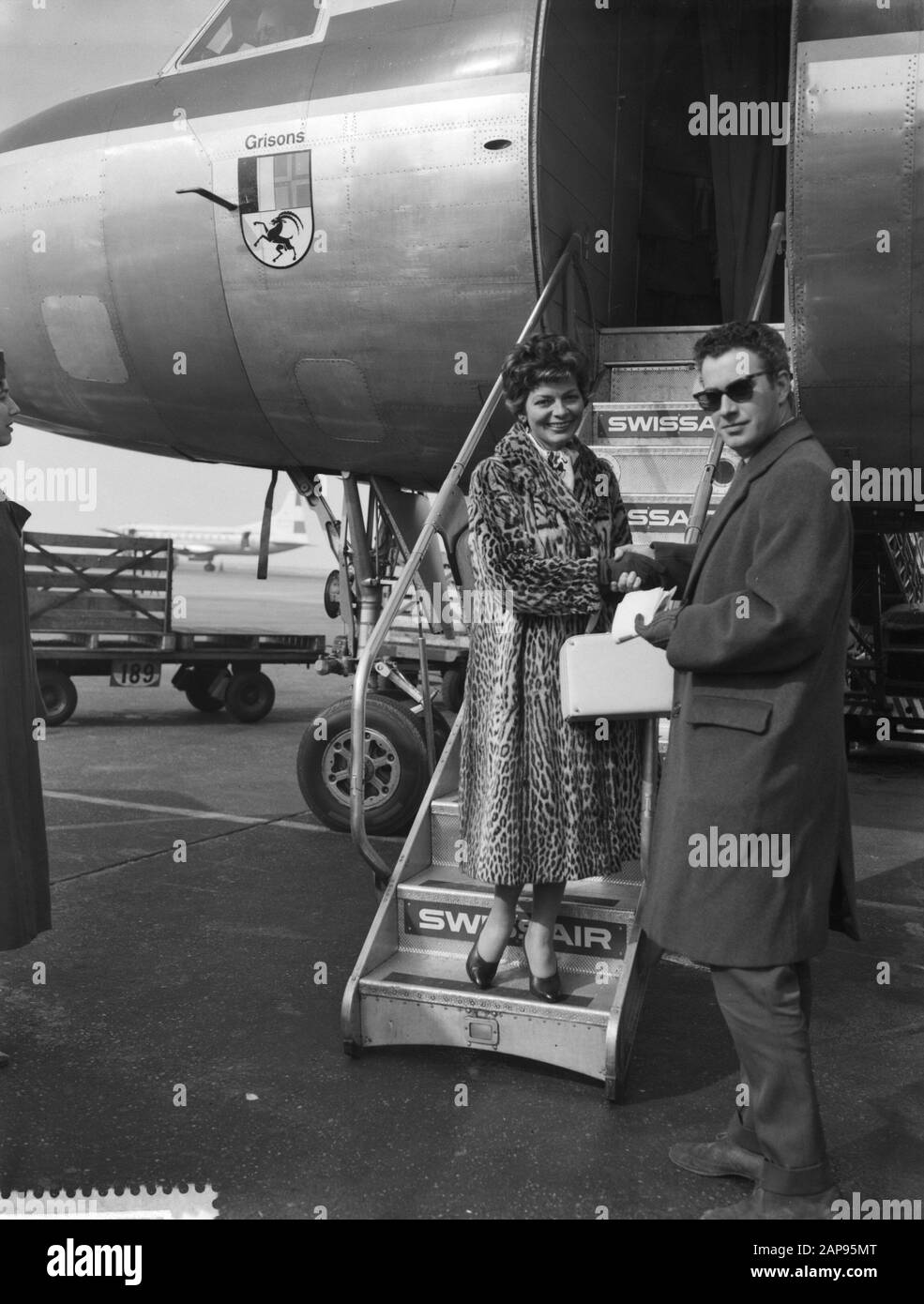Arrival Lys Assia (Switzerland) at Schiphol for the Eurovision Song Contest 1958 Airplane Staircase Date: 11 March 1958 Location: Noord-Holland, Schiphol Keywords: arrivals, artists, music, song festivals, airfields Personal name: Assia Lys Stock Photo