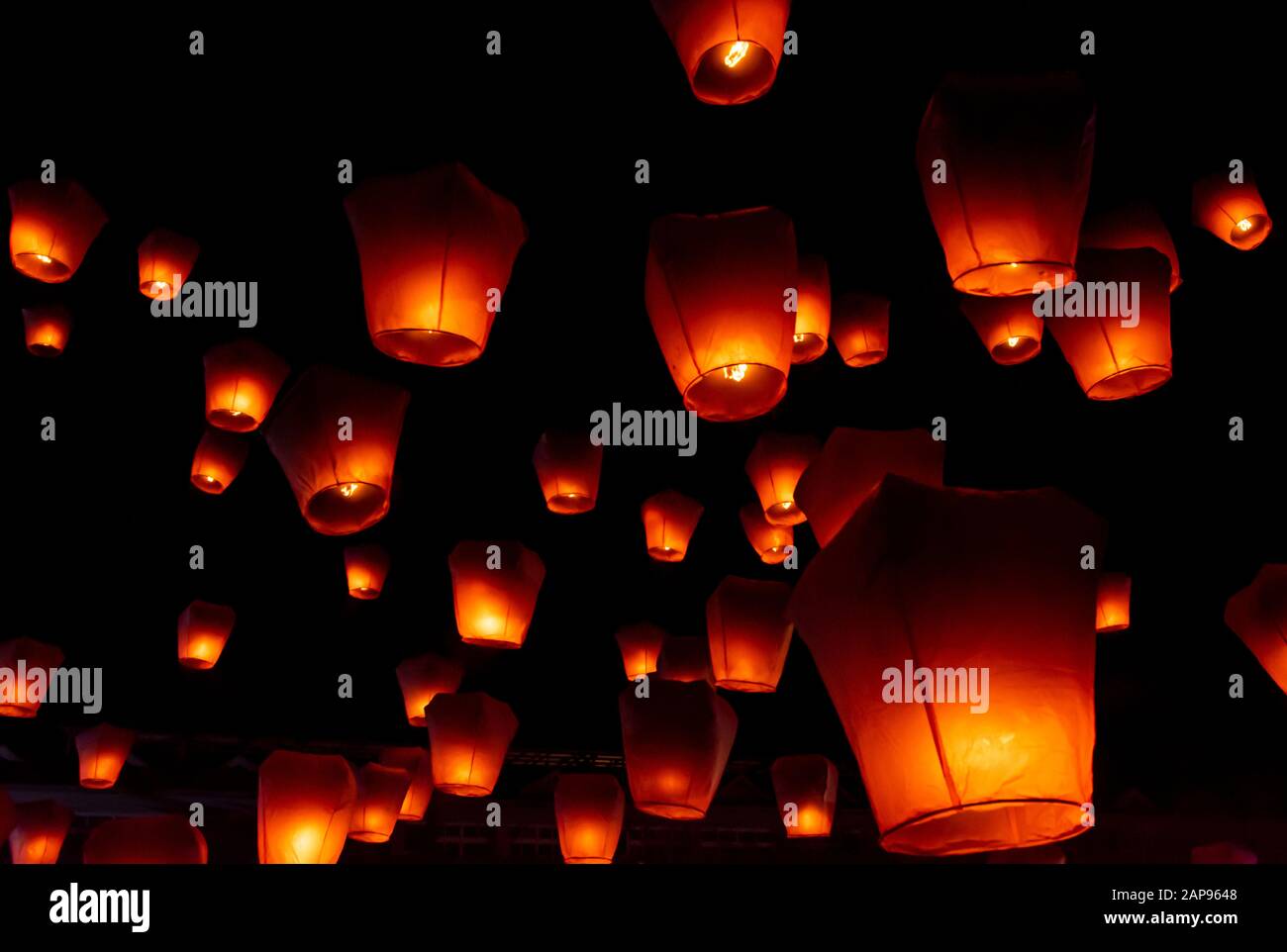 Orange lanterns at Pingsi sky lantern festival, Taiwan Stock Photo