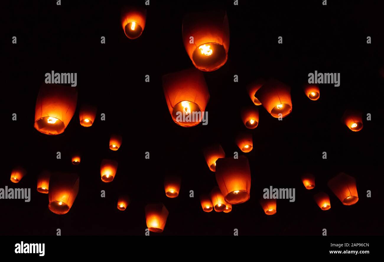 Pingxi sky lantern festival illuminates the night sky, Taiwan Stock Photo