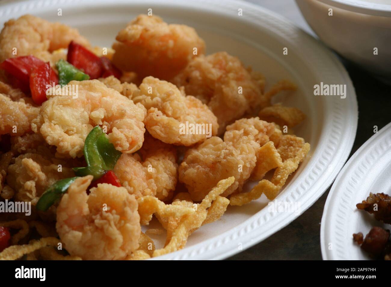 Chinese food in asian market deep fried shrimp restaurant take out or eat in food court food Stock Photo