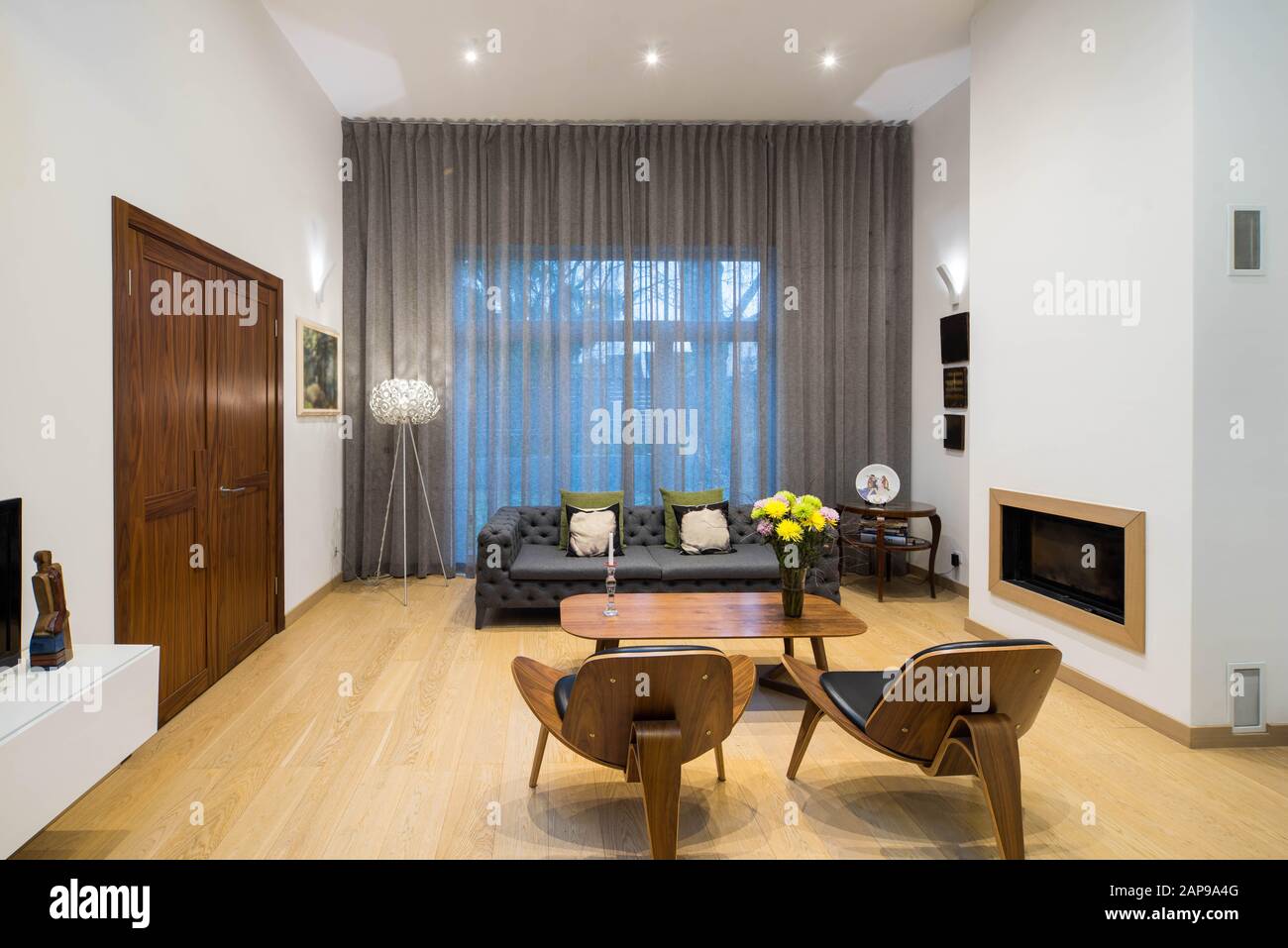 Living Room In Studio Apartment With Furniture Modern Interior Of The Flat Big Window Private House Stock Photo Alamy