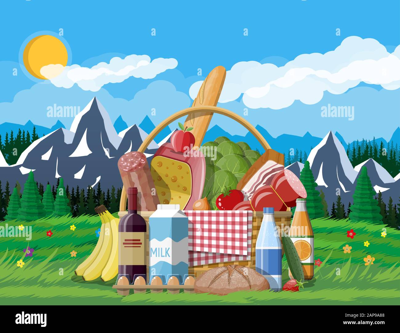 WIcker picnic basket full of products Stock Vector Image & Art - Alamy