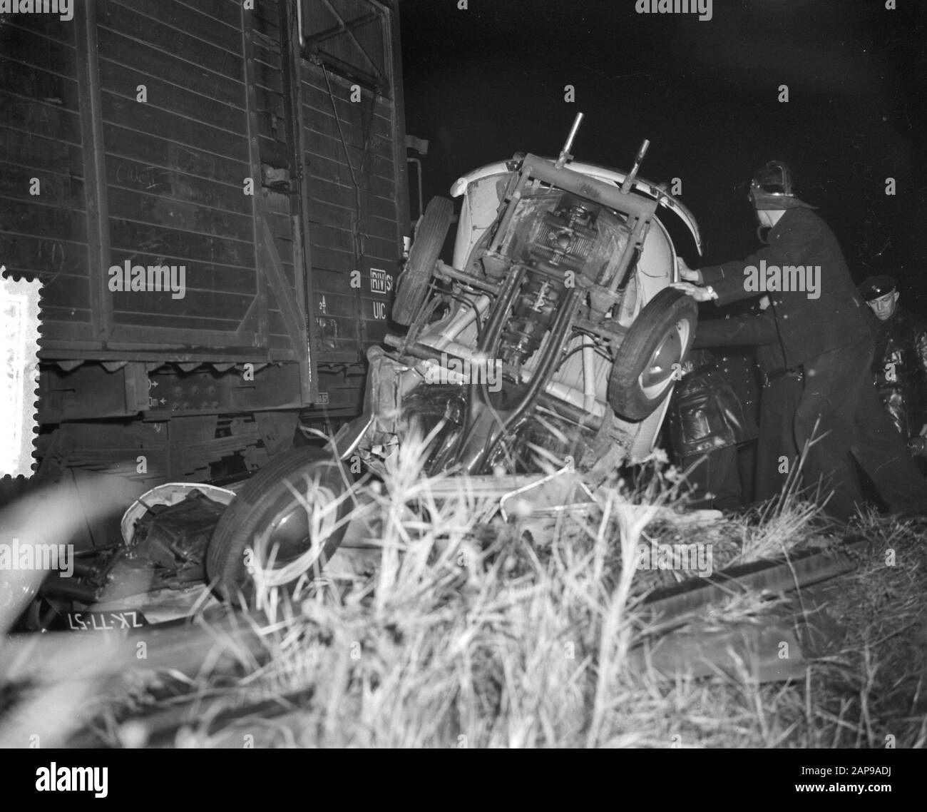 Car train accident Hemweg Amsterdam Date: November 16, 1959 Location: Amsterdam, Noord-Holland Keywords: Auto train accidents Stock Photo