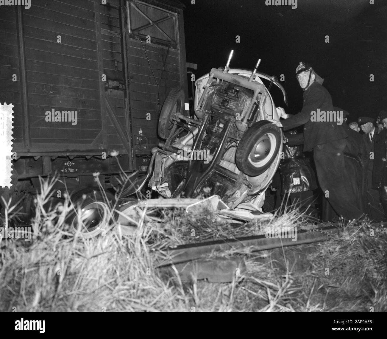 Car train accident Hemweg Amsterdam Date: November 16, 1959 Location: Amsterdam, Noord-Holland Keywords: Auto train accidents Stock Photo