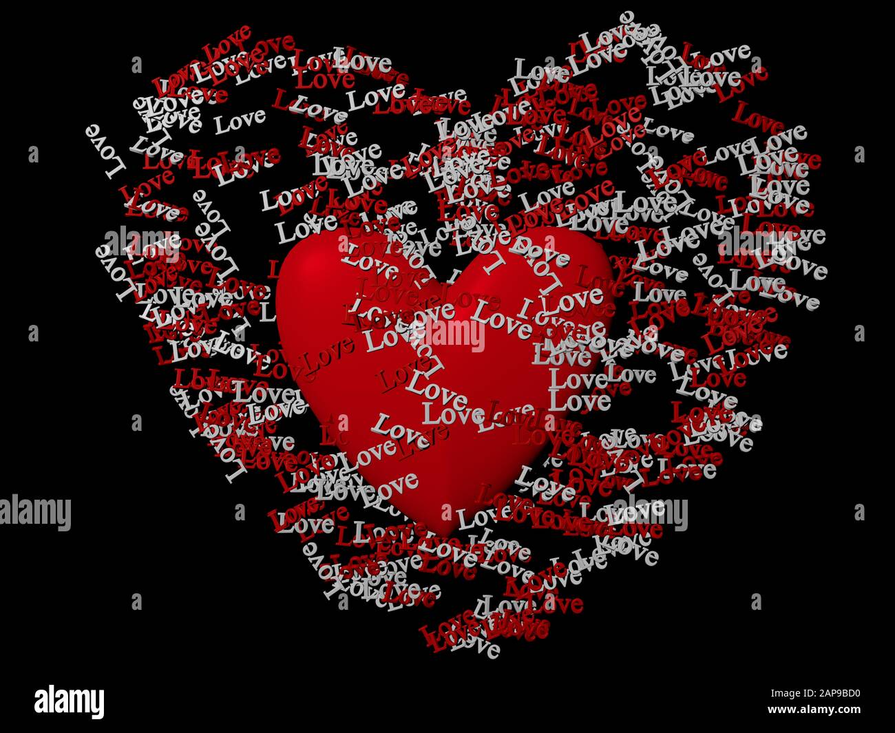 3D rendering of red heart figure and red and white words “Love” floating  around it in a heart shape, on black background Stock Photo - Alamy