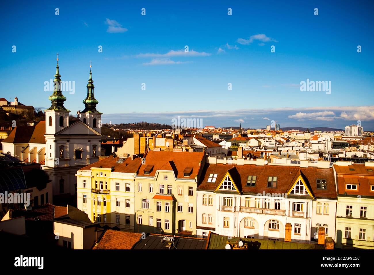 27.12.2019, Brno, Czech Republic. City and the St Michaels Church from Brno's Old Town Hall. Stock Photo