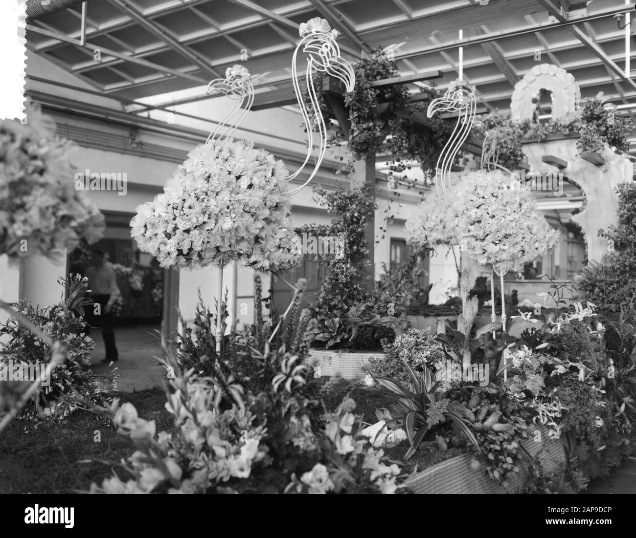 Belgian Day at Floriade, cars are adorned in the Aalsmeerder auction halls for the flower show Date: September 2, 1960 Keywords: FROWERLCORSOS, WARKS, auction halls Personal name: Flower corso Institution name: Floriade Stock Photo