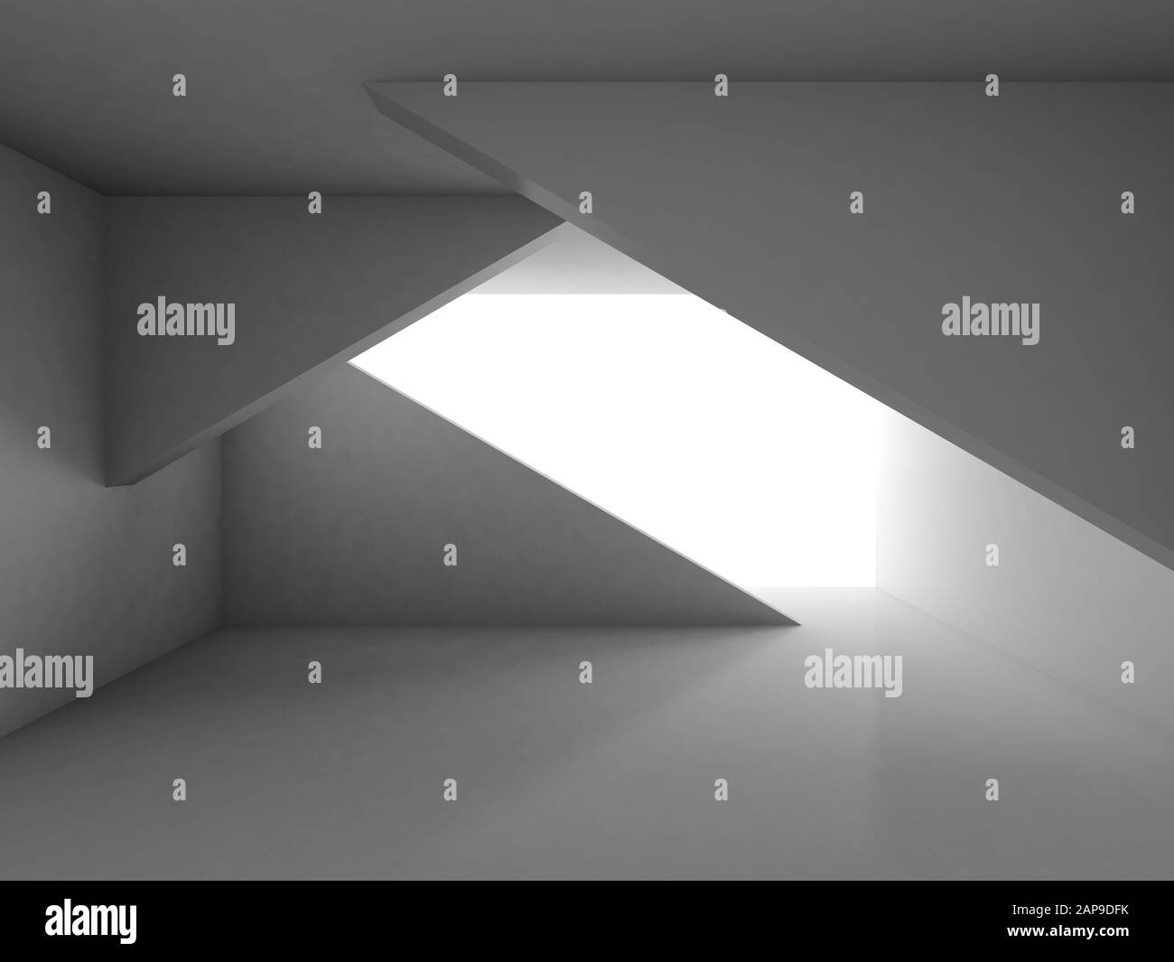 Empty white abstract interior with geometric installation and glowing ...