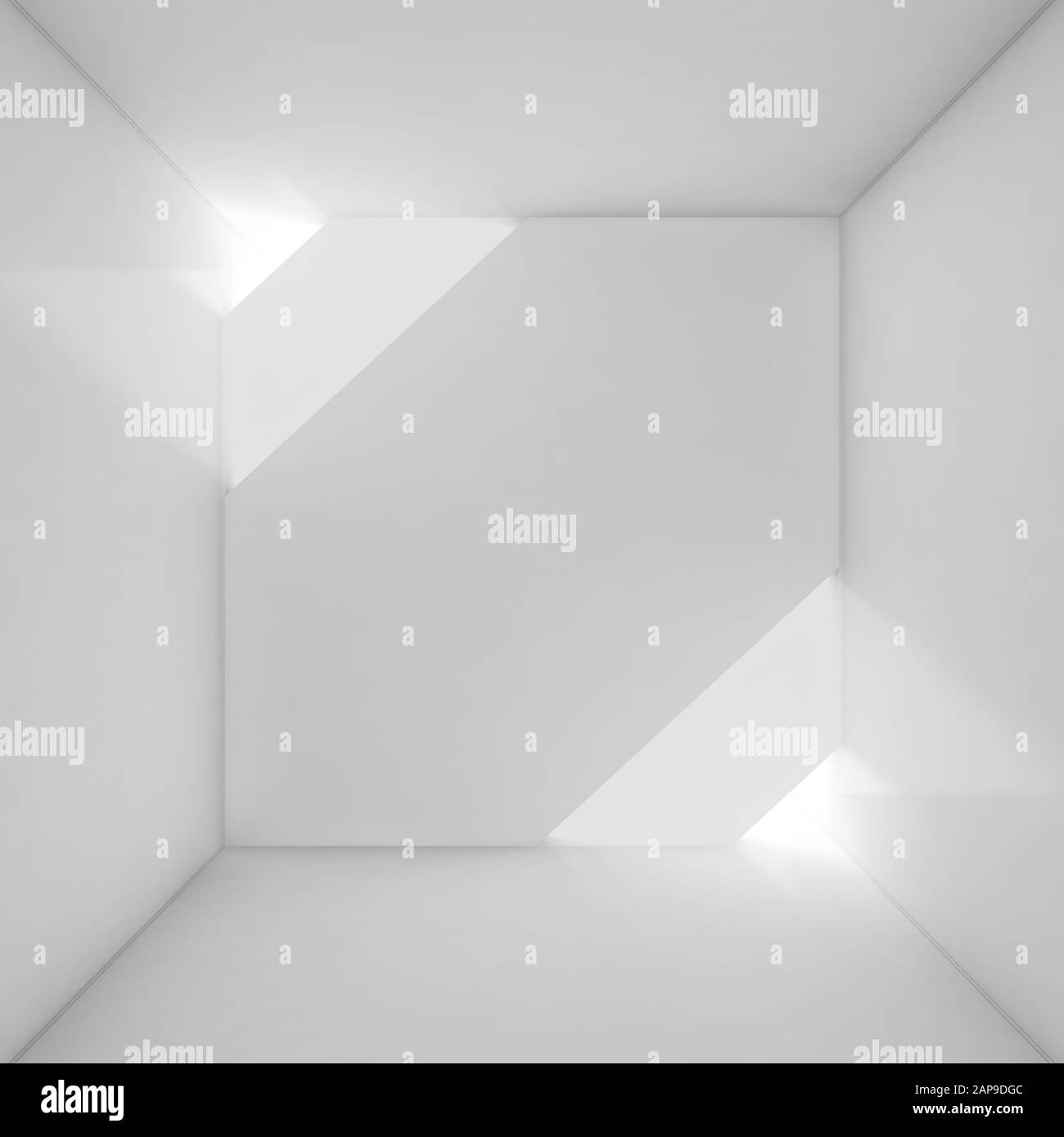 Empty abstract white interior with square geometric installation and ...